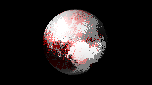 A pixelated photo of Pluto taken by the New Horizons mission. A large heart-shaped crater is visible at the front.